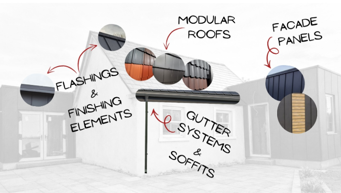 modular roof, facade panels, cladding, gutter system, soffits, flashings, finishing elements